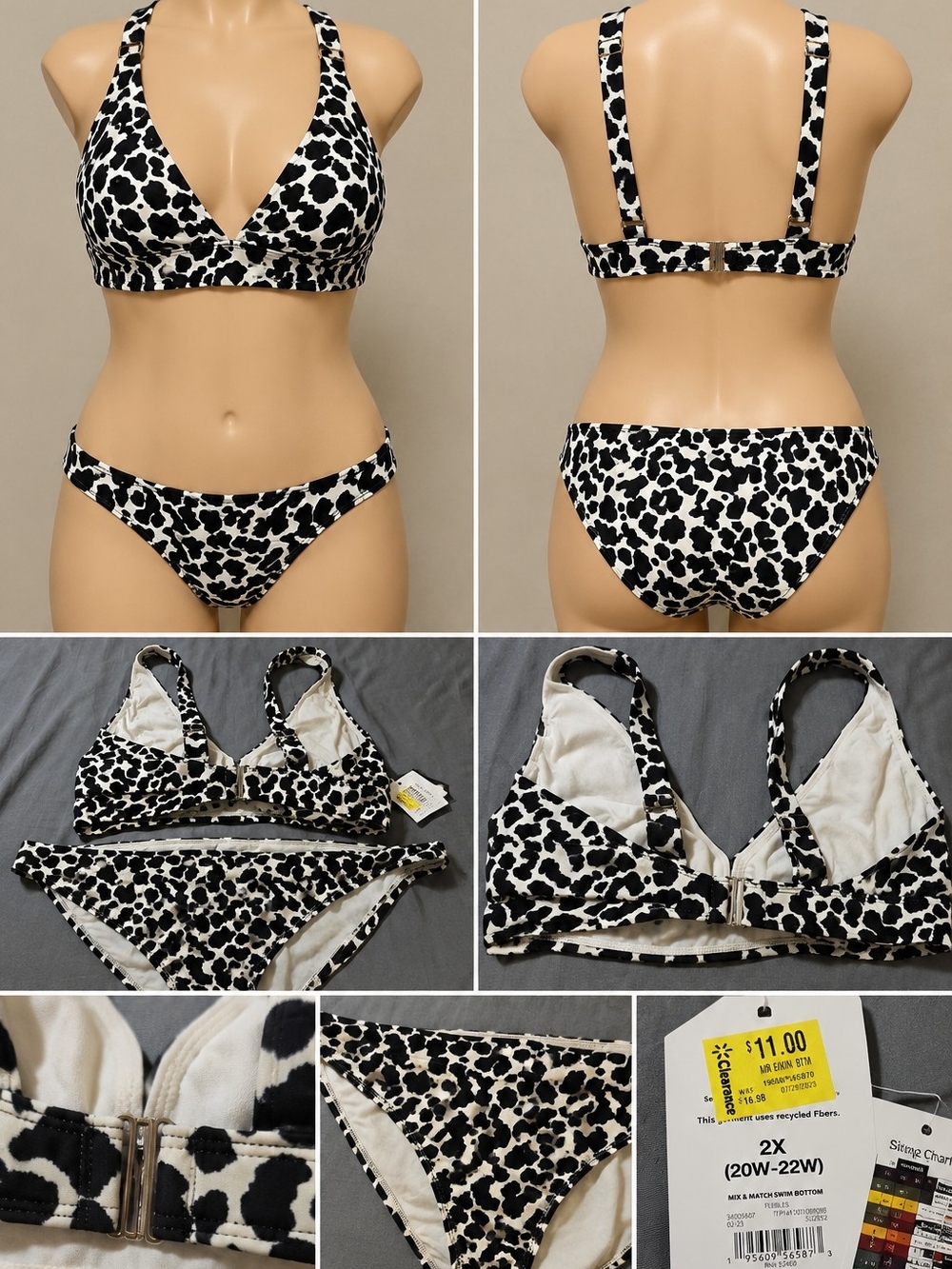 NWT Plus Size 2X Black White Animal Print Two Piece Bikini Set